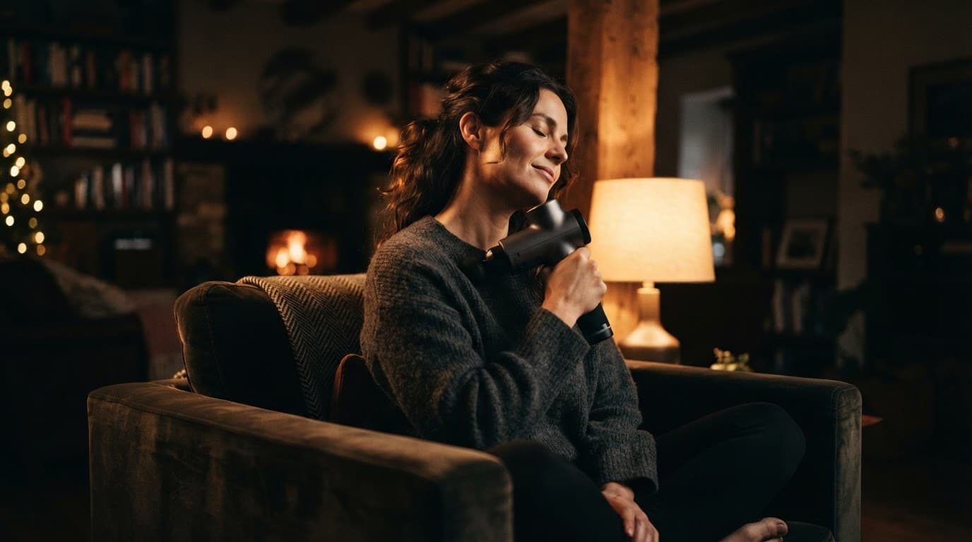 A person relaxes on a sofa while using a massage device on their shoulder.