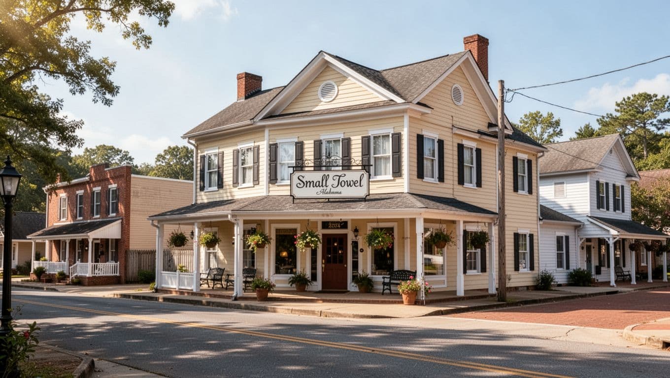 A charming small-town hotel exterior with a covered porch under a bright blue sky.
