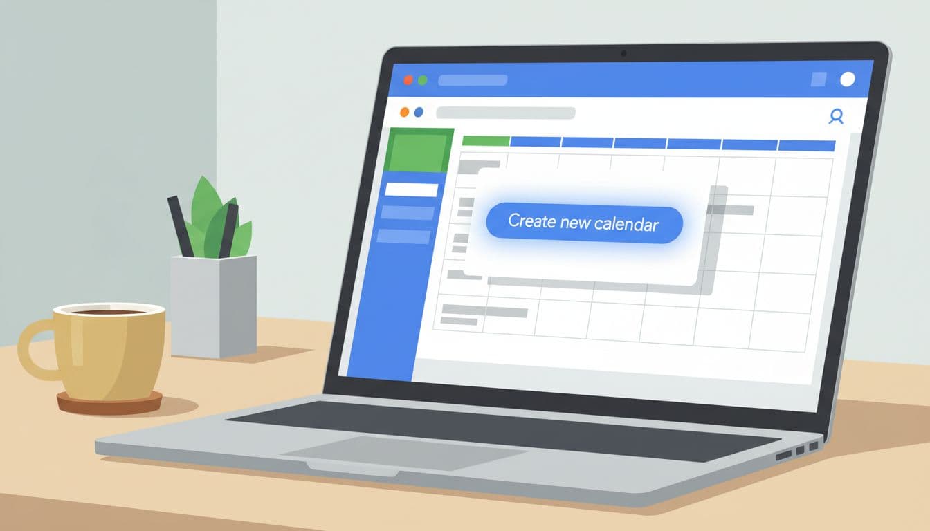 Modern illustration of Google Calendar interface on angled laptop screen displaying new calendar creation menu with highlighted 'Create new calendar' button, simple office desk with coffee mug, landscape ratio.