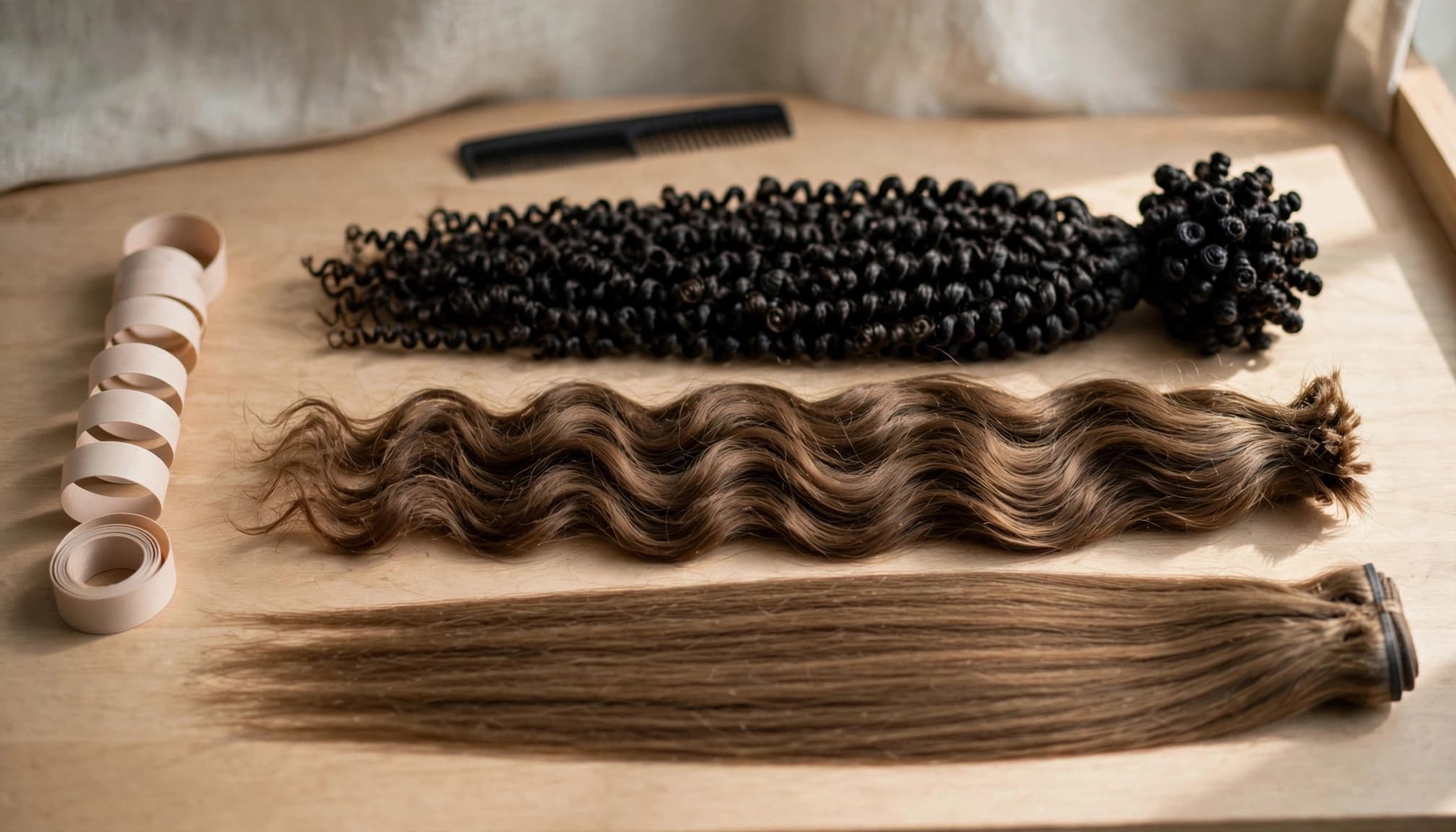 Three crochet hair bundles in coily, wavy, and straight textures lie beside a measuring tape.