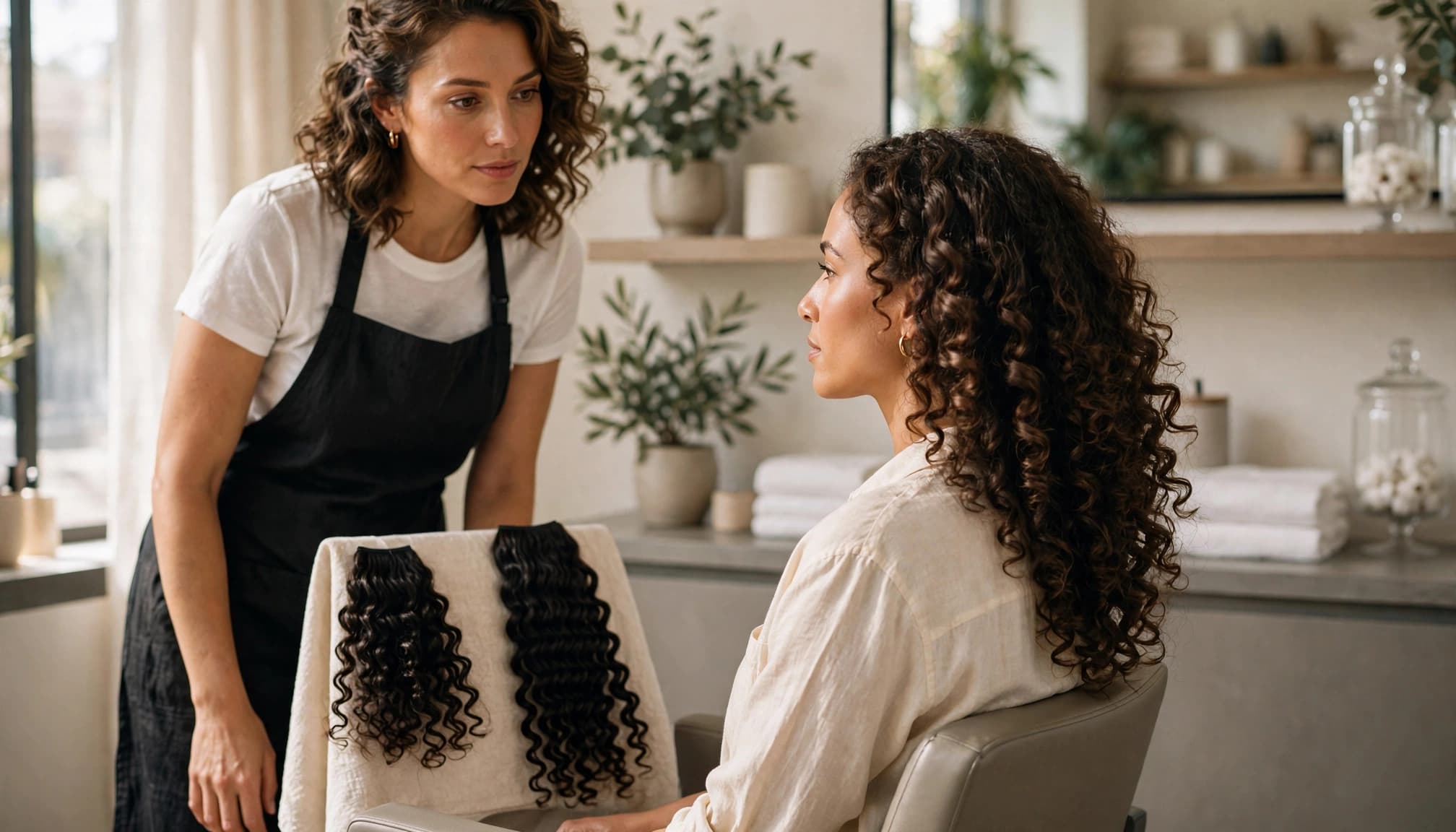 A stylist compares the client's long curls against her back in a bright salon.