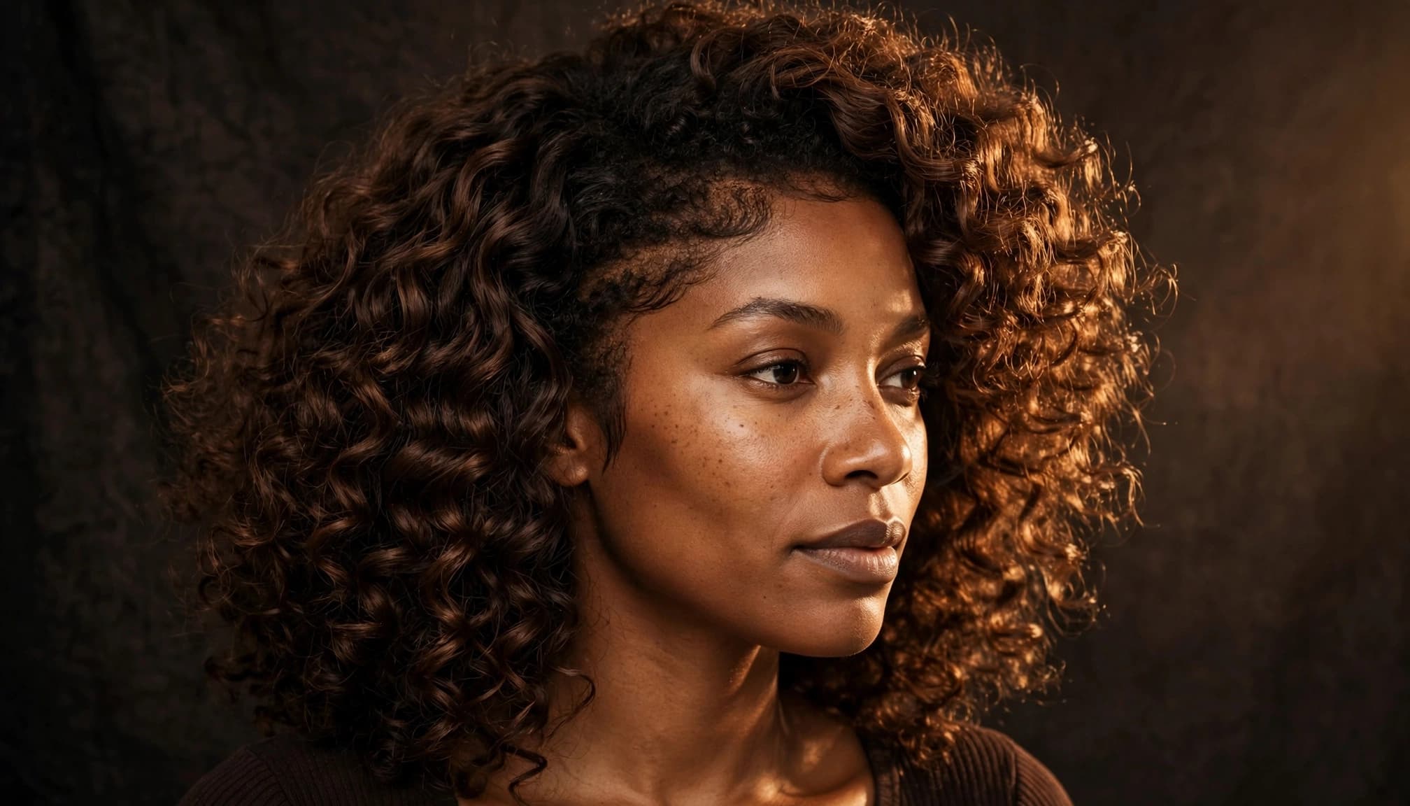 A woman with curly hair and her natural hairline visible at the front.