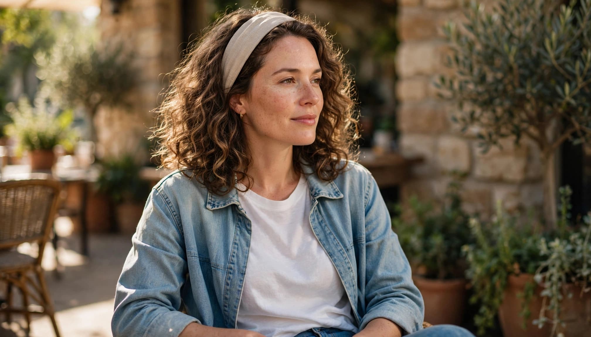 A woman wears a curly headband wig with a white tee and denim jacket at a sunny cafe.