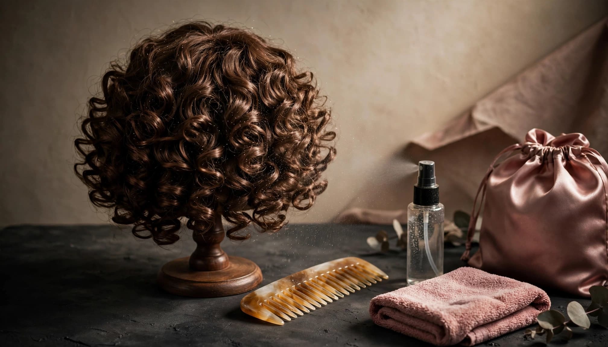 A curly wig on a stand with care tools and a satin storage bag.