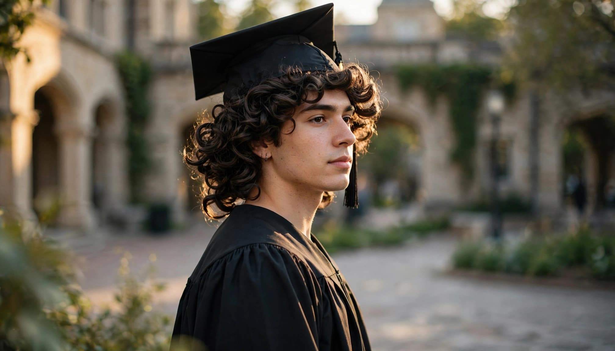 A graduate wears a mortarboard over a curly wig in a sunlit courtyard.