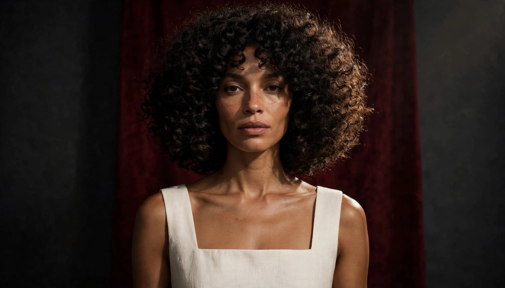 Woman in a curly wig and ivory square-neck top against a burgundy studio backdrop.
