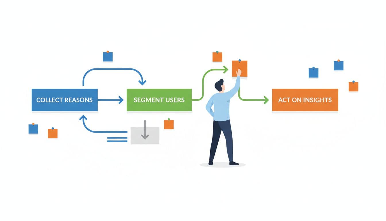 Modern illustration of a workflow flowchart for analyzing customer churn using Baremetrics data, with arrows connecting steps like collect reasons, segment users, and act on insights, depicted on a simple office wall with notes pinned by one person.
