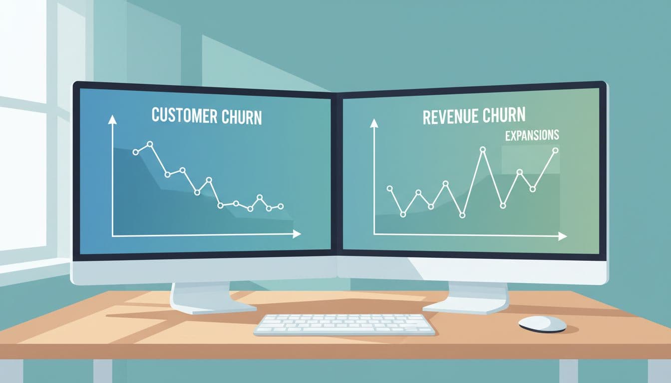 Modern split-view illustration comparing customer churn dropping and revenue churn with expansions in SaaS metrics, displayed on a dual-monitor desk setup with natural lighting.