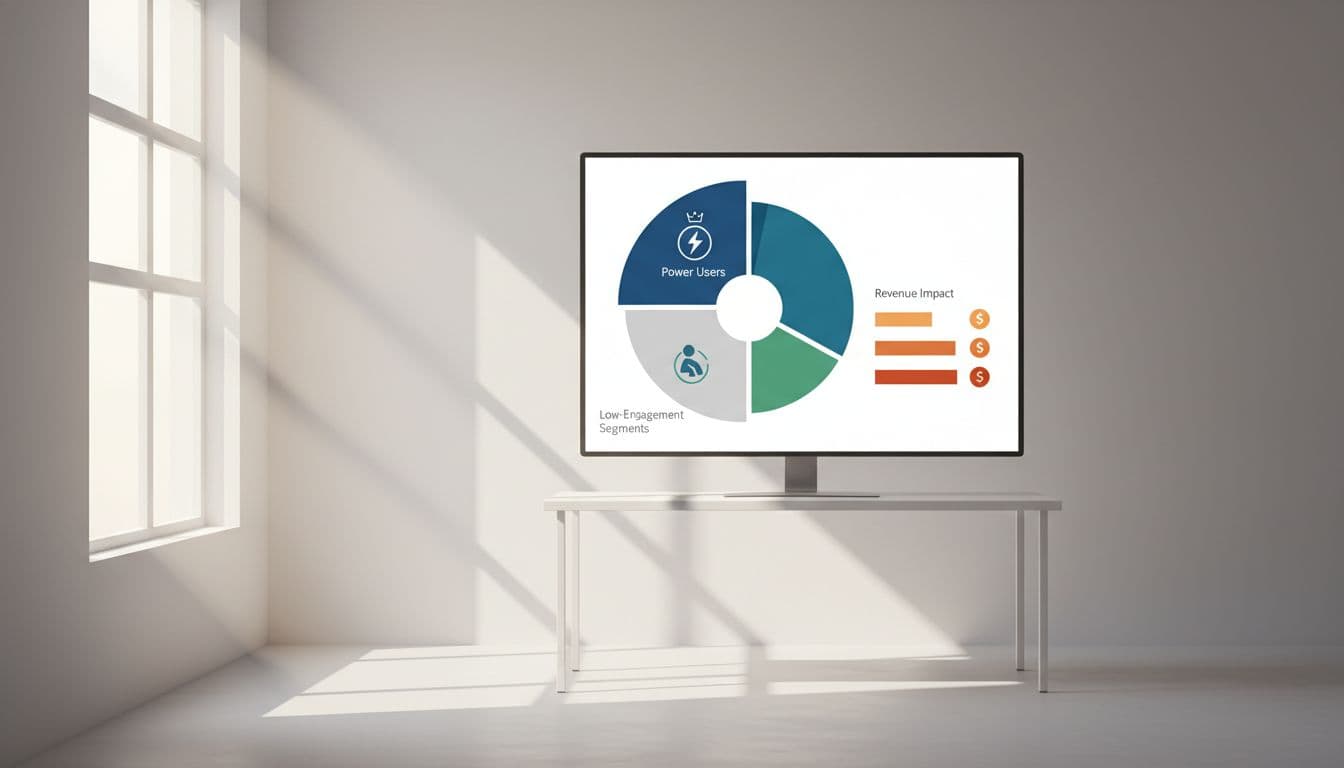 Modern illustration of segmented customer groups on an analytics chart with icons for power users, low-engagement segments, and revenue impact bars, displayed on a monitor in a simple data room with natural light.