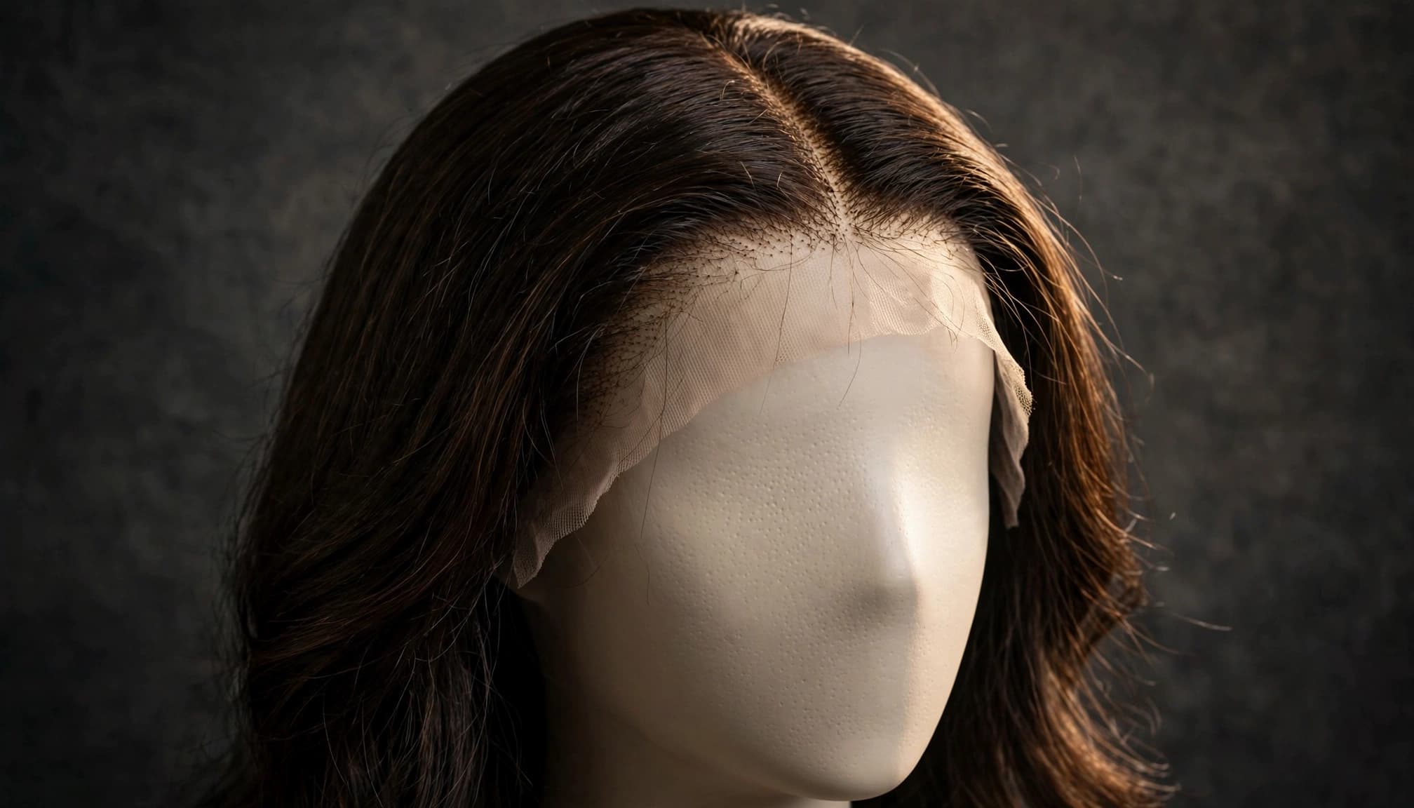 A dark brown wig on a mannequin head shows a narrow T-shaped lace part.