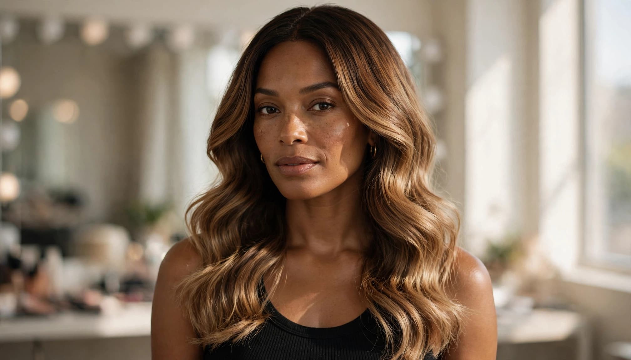 A woman wears long waves fading from dark roots to caramel blonde ends.