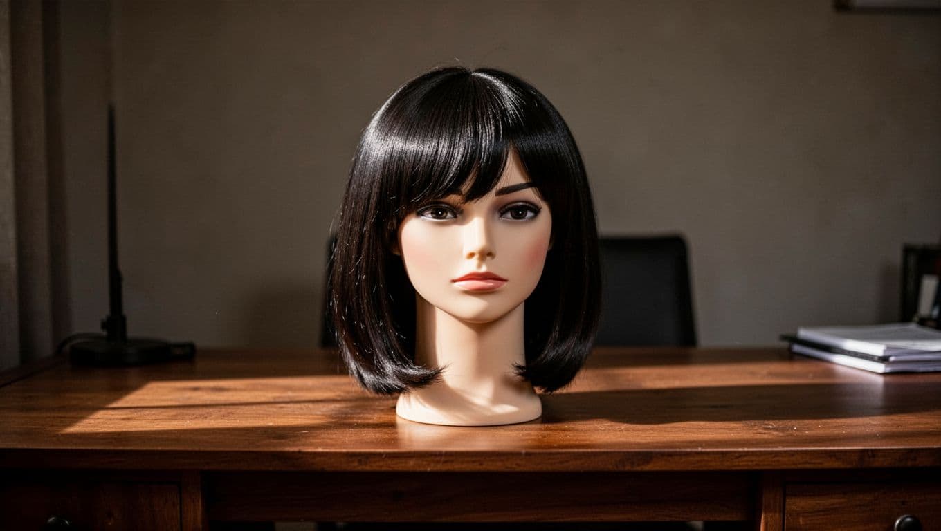 Mannequin head wearing a dark wig on a wooden desk with side lighting.