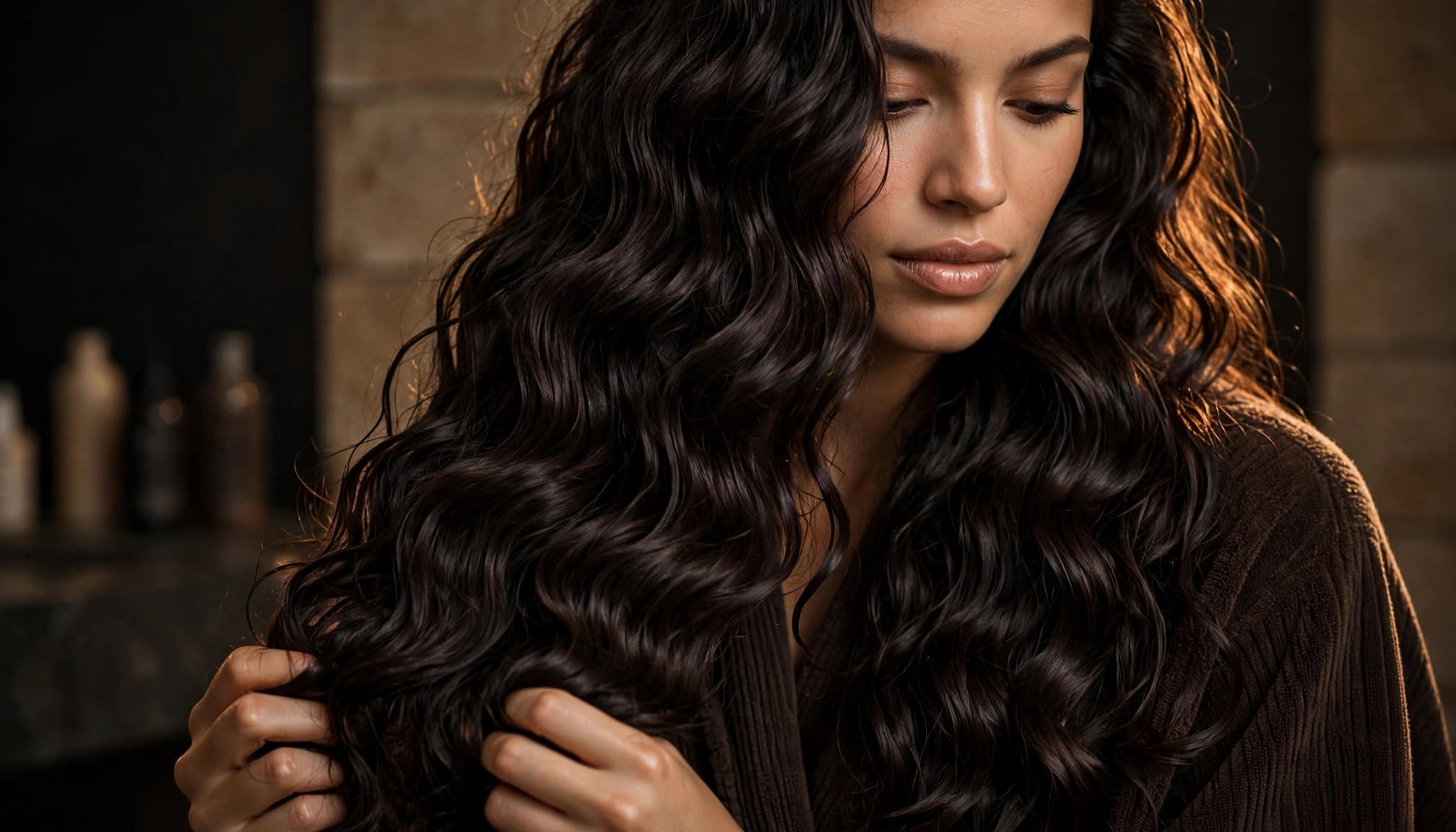 Person gently scrunching long deep wave hair in a warm, dark bathroom.