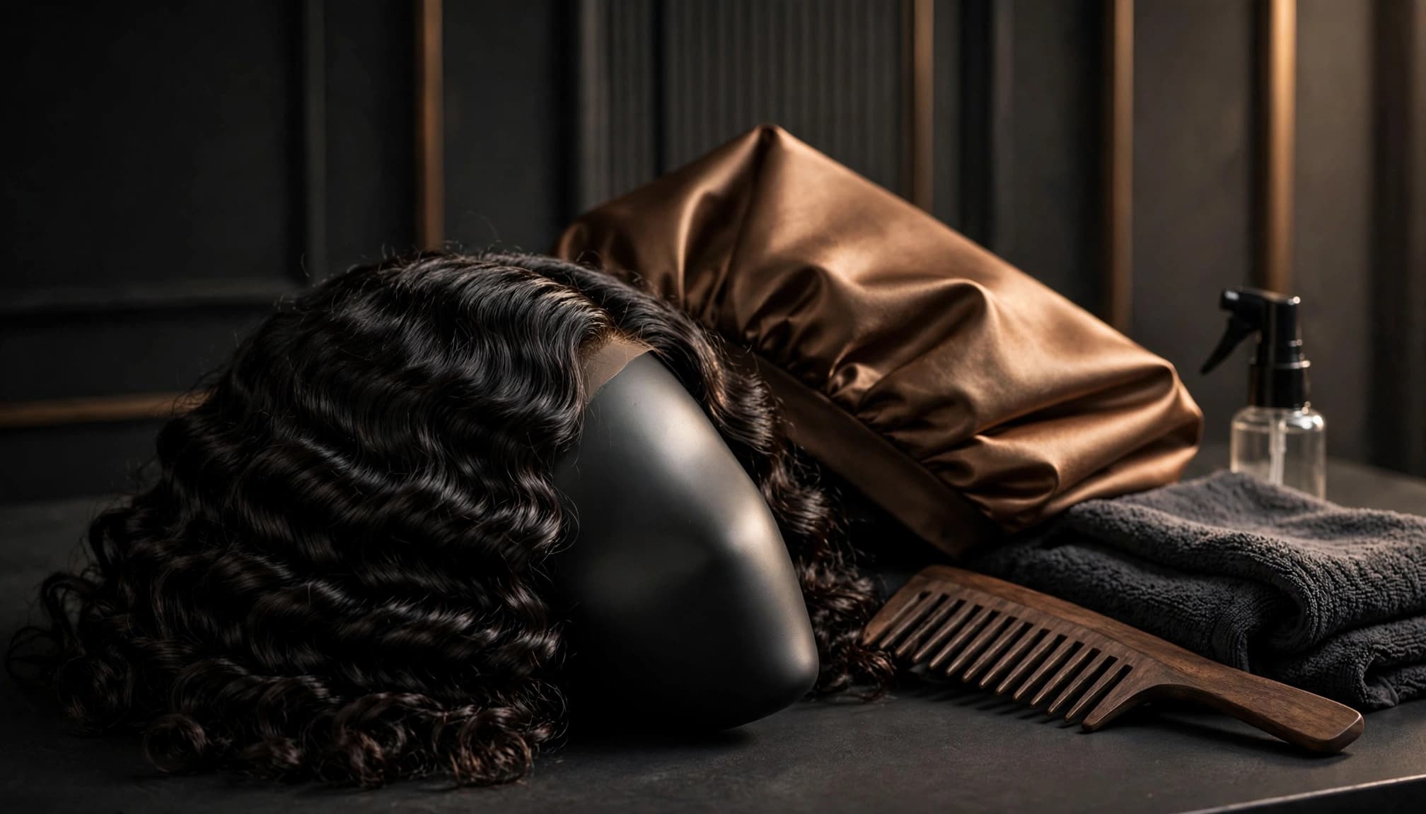 Deep wave wig and nighttime hair accessories arranged on a dark vanity.