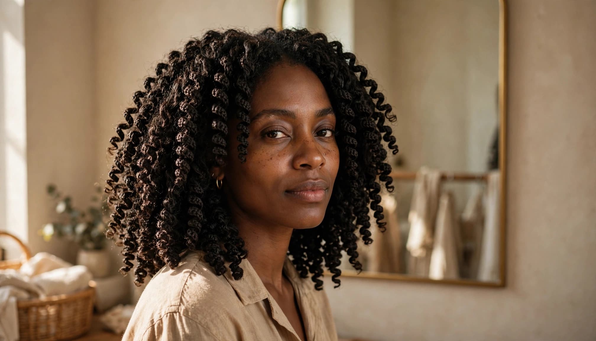 A woman with voluminous crochet curls poses in front of a mirror.