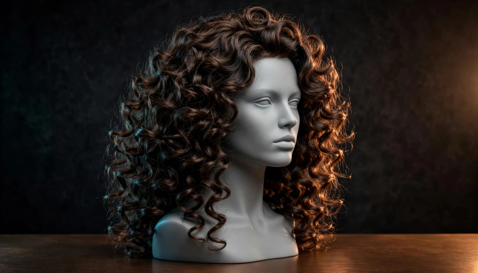 Mannequin head wearing a full wig with soft, defined curls.