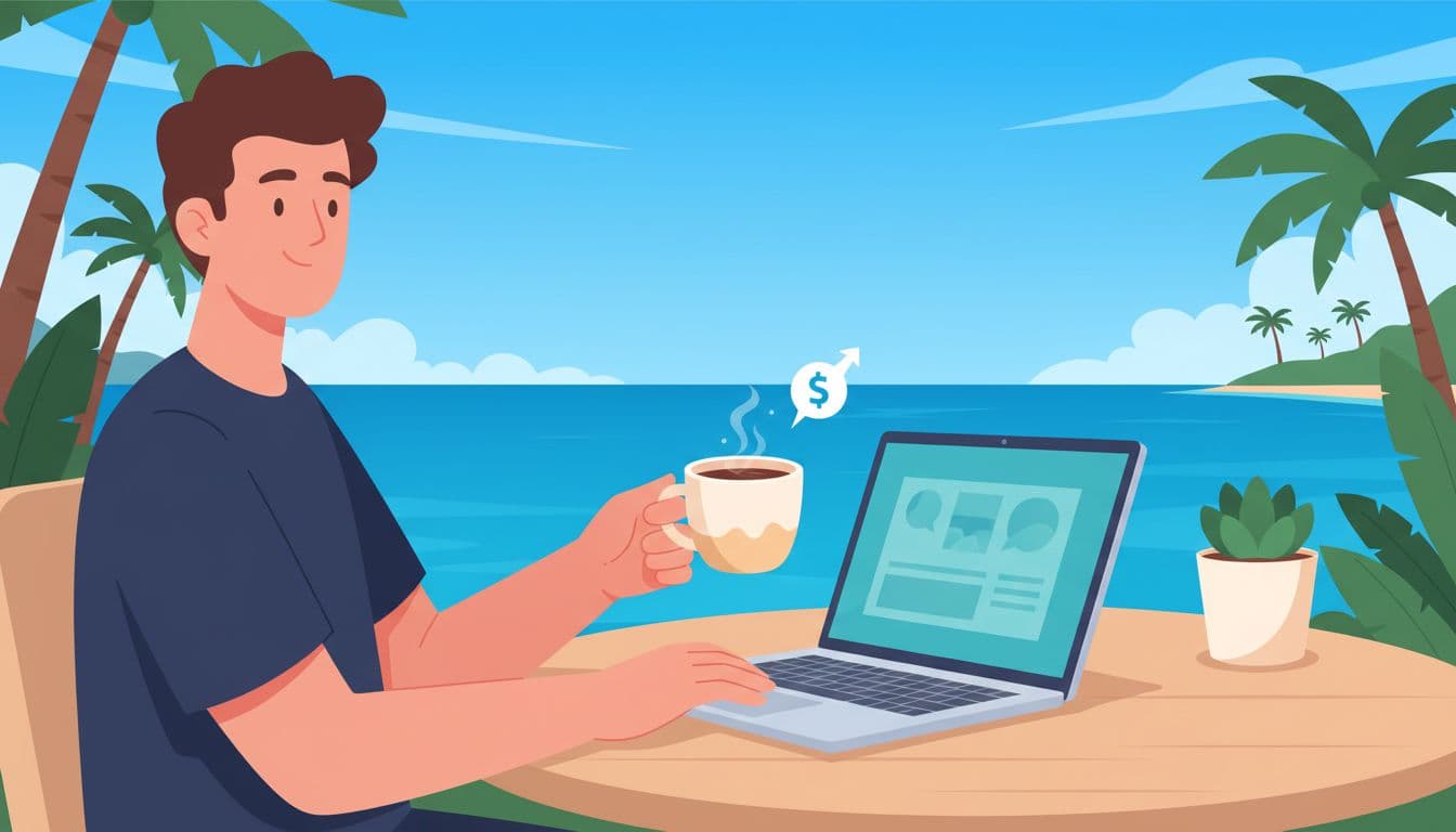 A relaxed digital nomad freelancer works at a sunny outdoor cafe table with a laptop showing a blurred banking app interface, holding a coffee mug, ocean view in background, receiving virtual USD funds in modern illustration style.