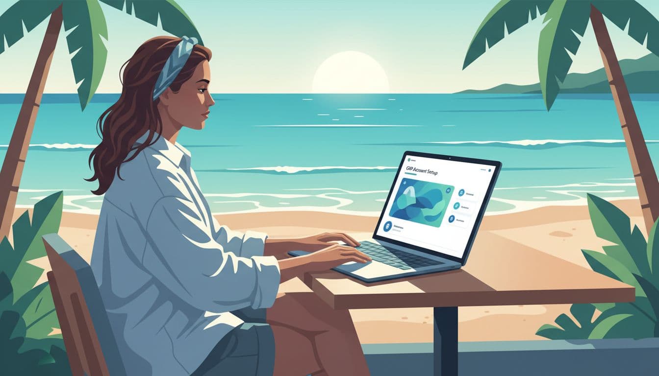 Modern illustration of a digital nomad sitting relaxed at a beach cafe with laptop open to Wise GBP account setup screen, ocean background in cool blue and green palette, one person only.