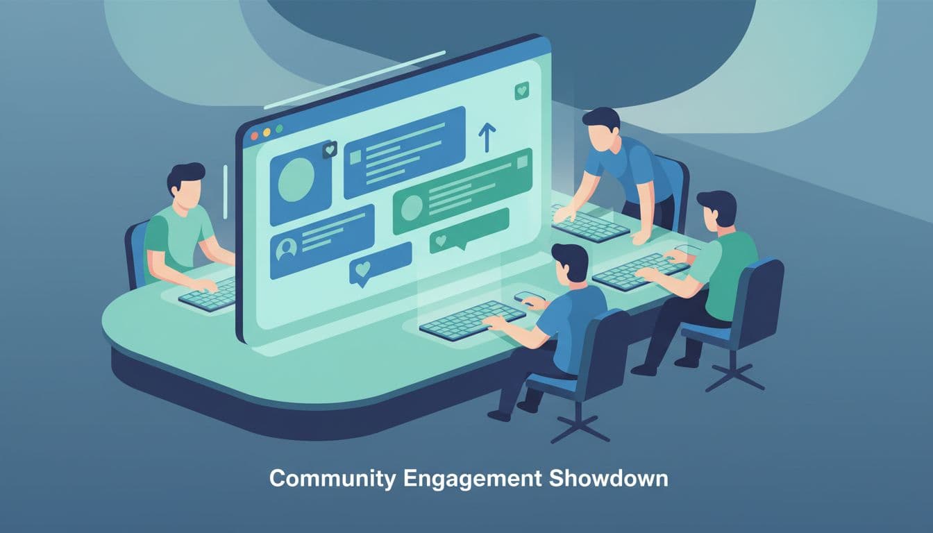 Modern illustration featuring a diverse group of five people interacting with an online community feed on a large screen, using clean shapes in blues and greens with forum posts and likes.