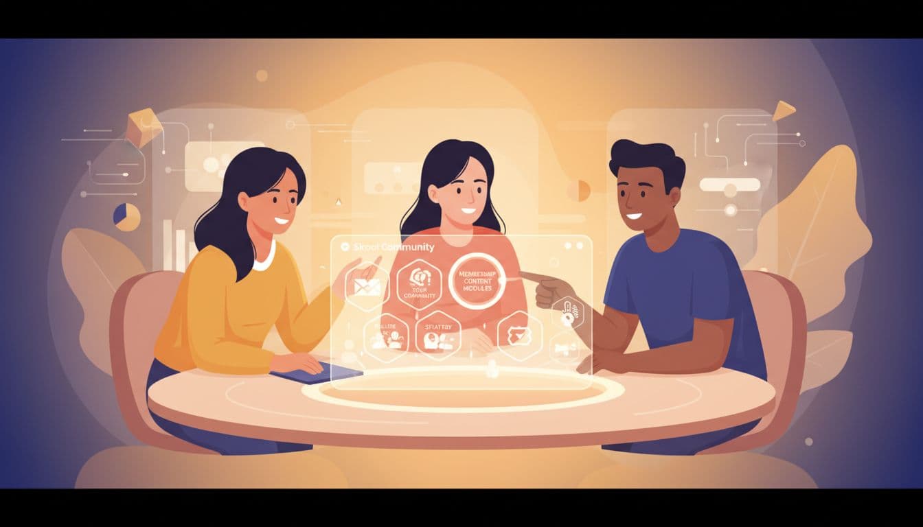 Modern illustration of three diverse people discussing ideas around a shared screen with membership content in a warm collaborative virtual classroom.