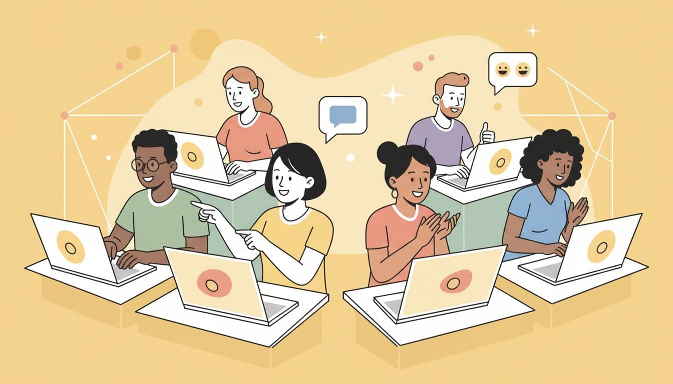 Modern illustration of exactly five diverse students seated at desks with laptops in a bright virtual classroom, engaging in a community platform discussion—one posting a comment while others react positively with clean shapes and warm colors.