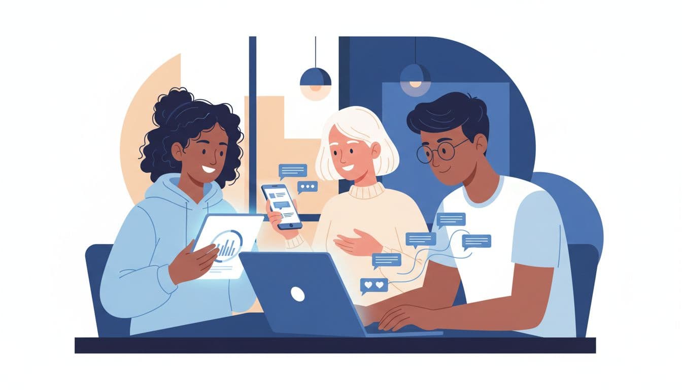 Group of three diverse students engaging in a Skool community discussion on mobile devices and laptops in a cafe setting, with visible comments and polls.