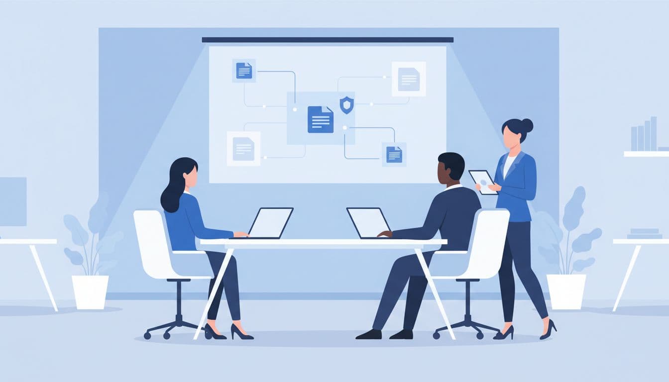 Modern illustration of three diverse business team members in a clean office collaboratively viewing and editing files on a shared drive using two laptops, one tablet, and a central projected screen in a blue-white palette.