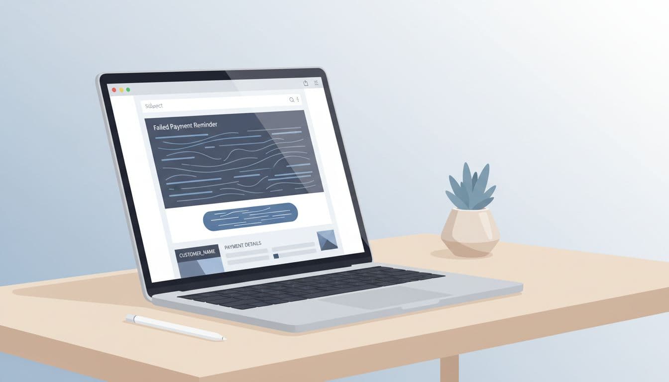 Modern illustration of an open email editor interface on a laptop screen showing a basic layout for a failed payment reminder dunning email, set on a simple desk in landscape view with a controlled color palette.