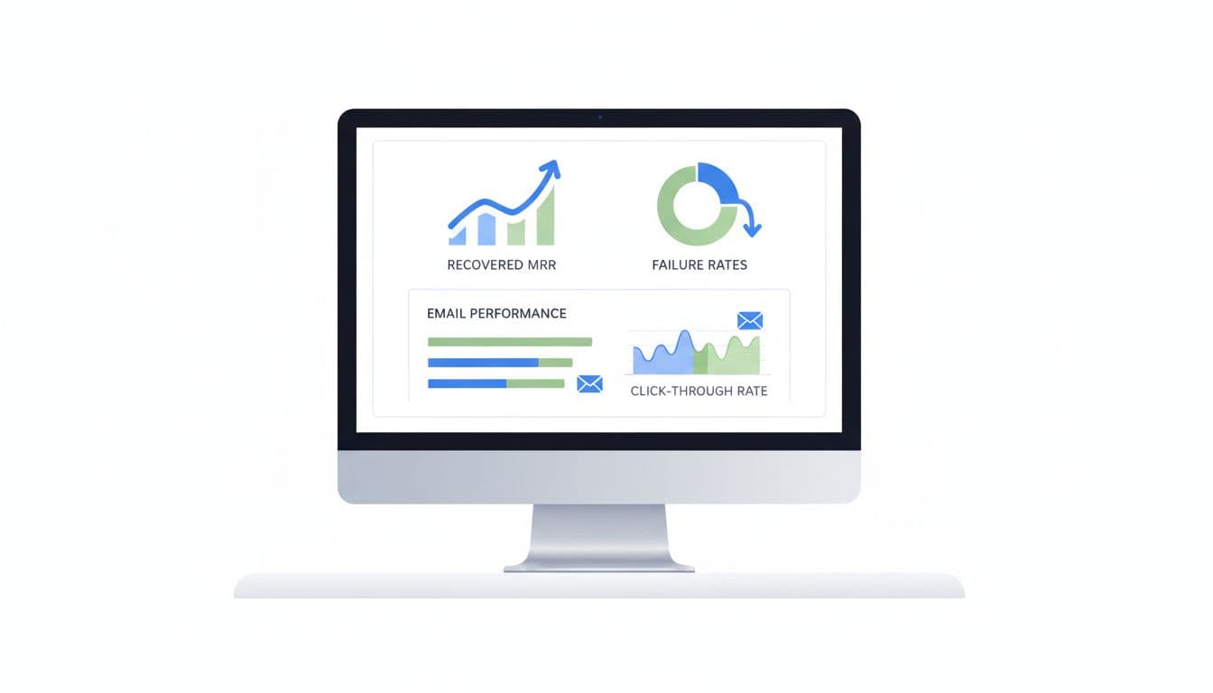 Modern illustration of an analytics dashboard displaying dunning recovery metrics like recovered MRR, failure rates, and email performance charts on a single desktop monitor. Clean shapes in a controlled blue and green palette with simple graphs and icons, soft even lighting, and no readable text or numbers.