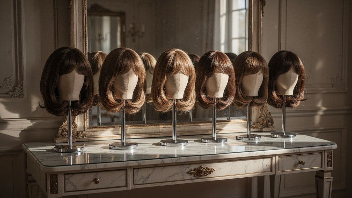 Bob wigs on stands arranged across a vanity table in a softly lit room.