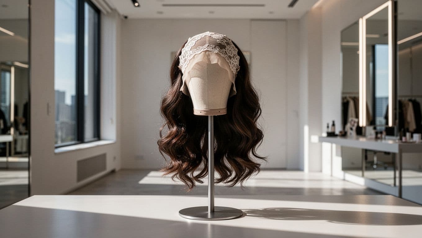 Elegant lace front wig displayed on a stand in a bright dressing room.