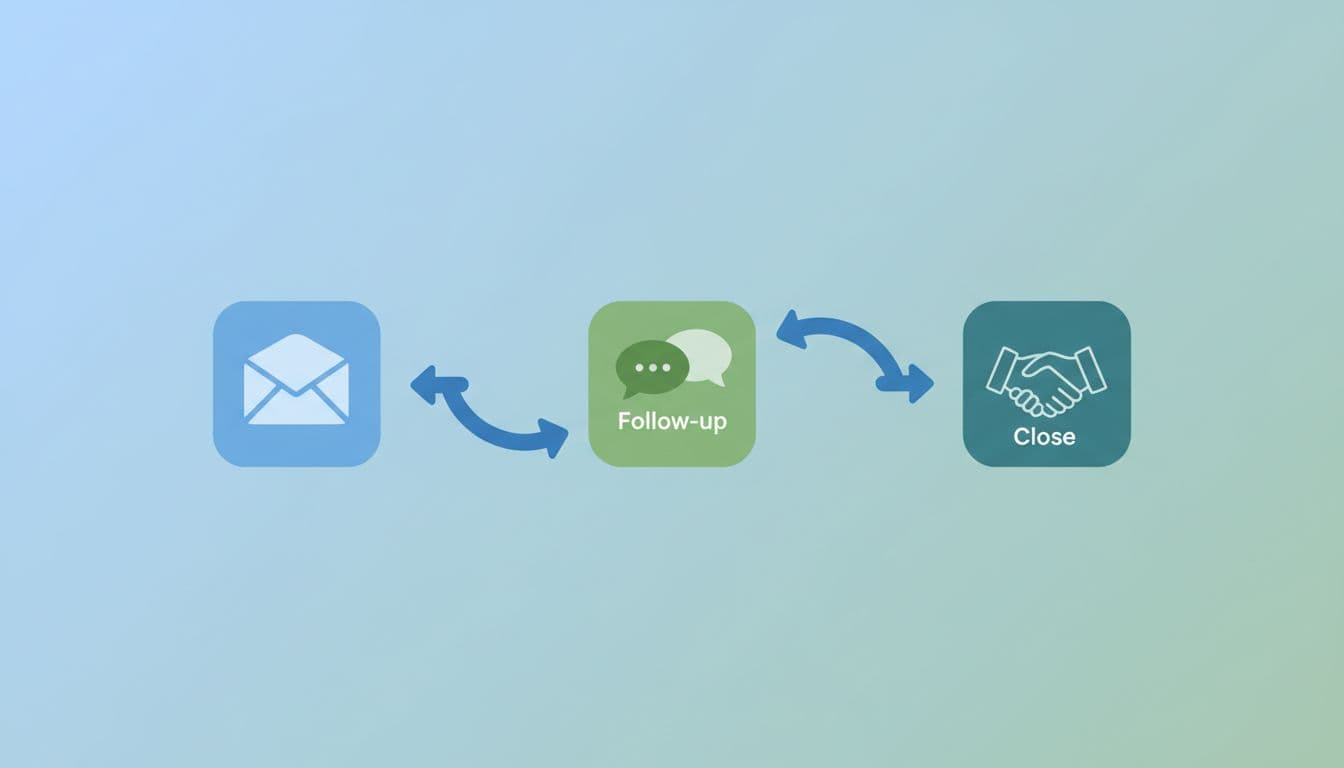 Modern illustration in clean shapes with blue and green palette showing a visual flowchart of a three-step email outreach sequence: initial email, follow-up, and close, connected by arrows on a simple background.
