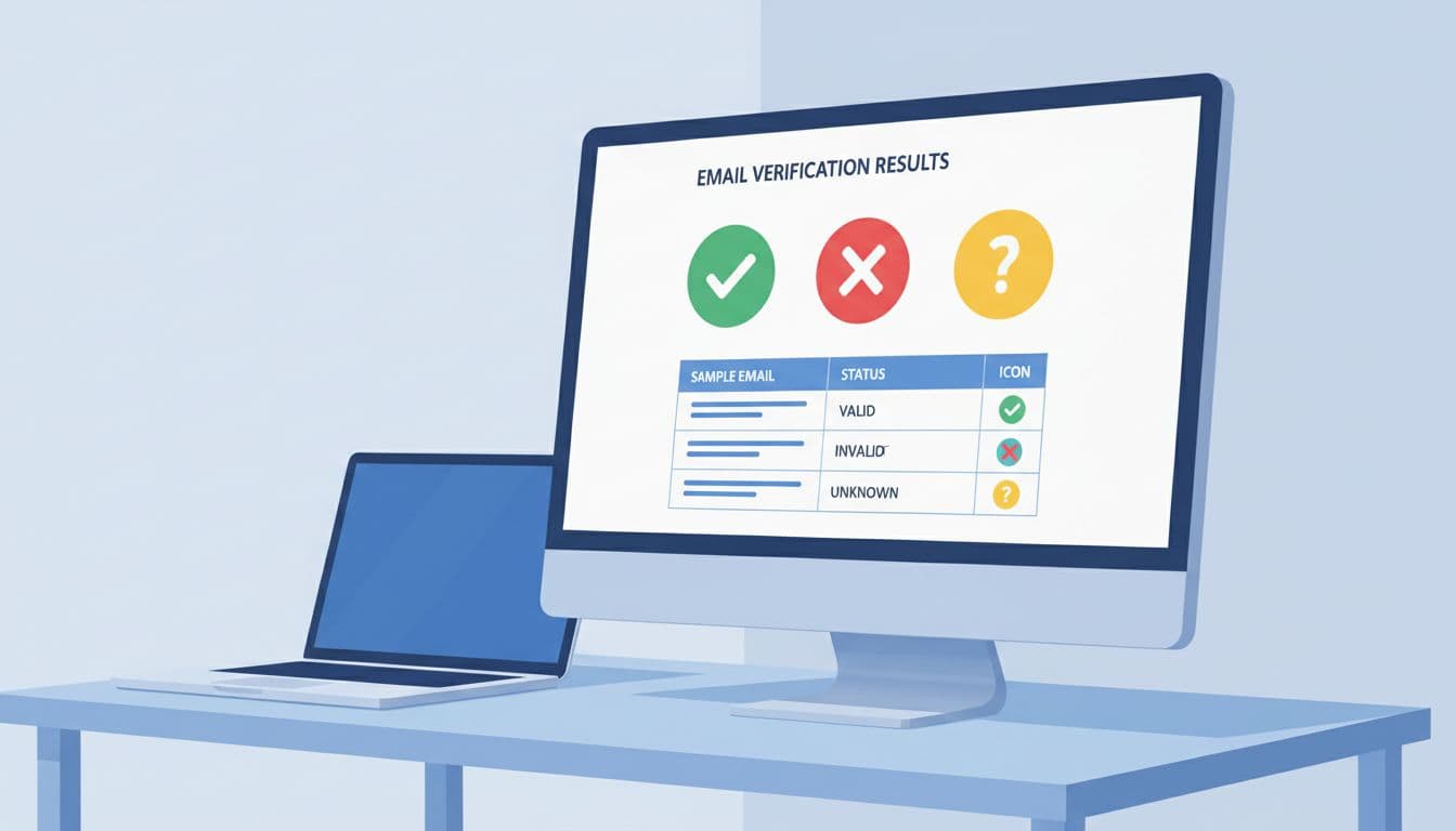 Modern illustration of a laptop dashboard screen displaying email verification results with green checks for valid, red X for invalid, and yellow questions for unknown statuses in a table. Desk setting focused on the screen with clean blue and white design, soft lighting, and no readable text.