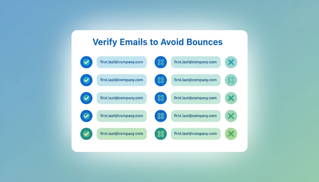 Modern illustration of close-up email verification results on a dashboard, with checkmarks for valid emails, icons for patterns like first.last@company.com, in a clean blue-green palette, abstract representation without readable text.