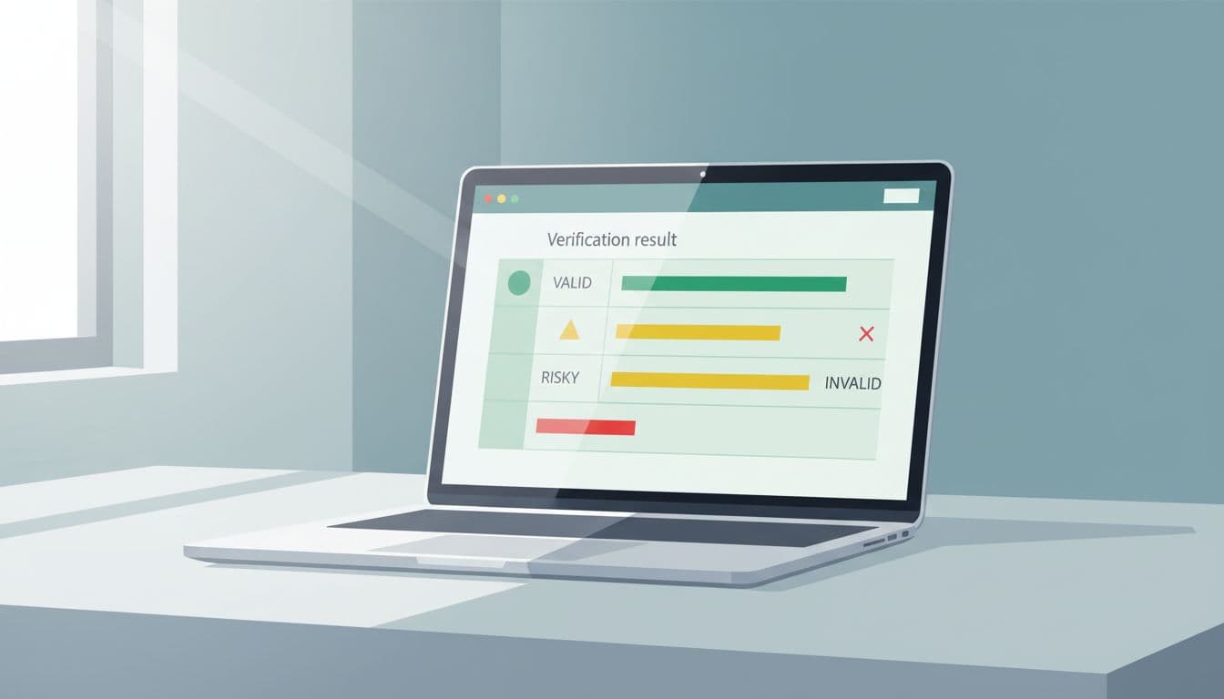 Modern illustration of a laptop on a desk in a contemporary office displaying a verification results table with statuses like valid, risky, and invalid. Features clean shapes in controlled blues and greens, simple composition with strong focus on the screen, soft lighting, and no people or extra objects.