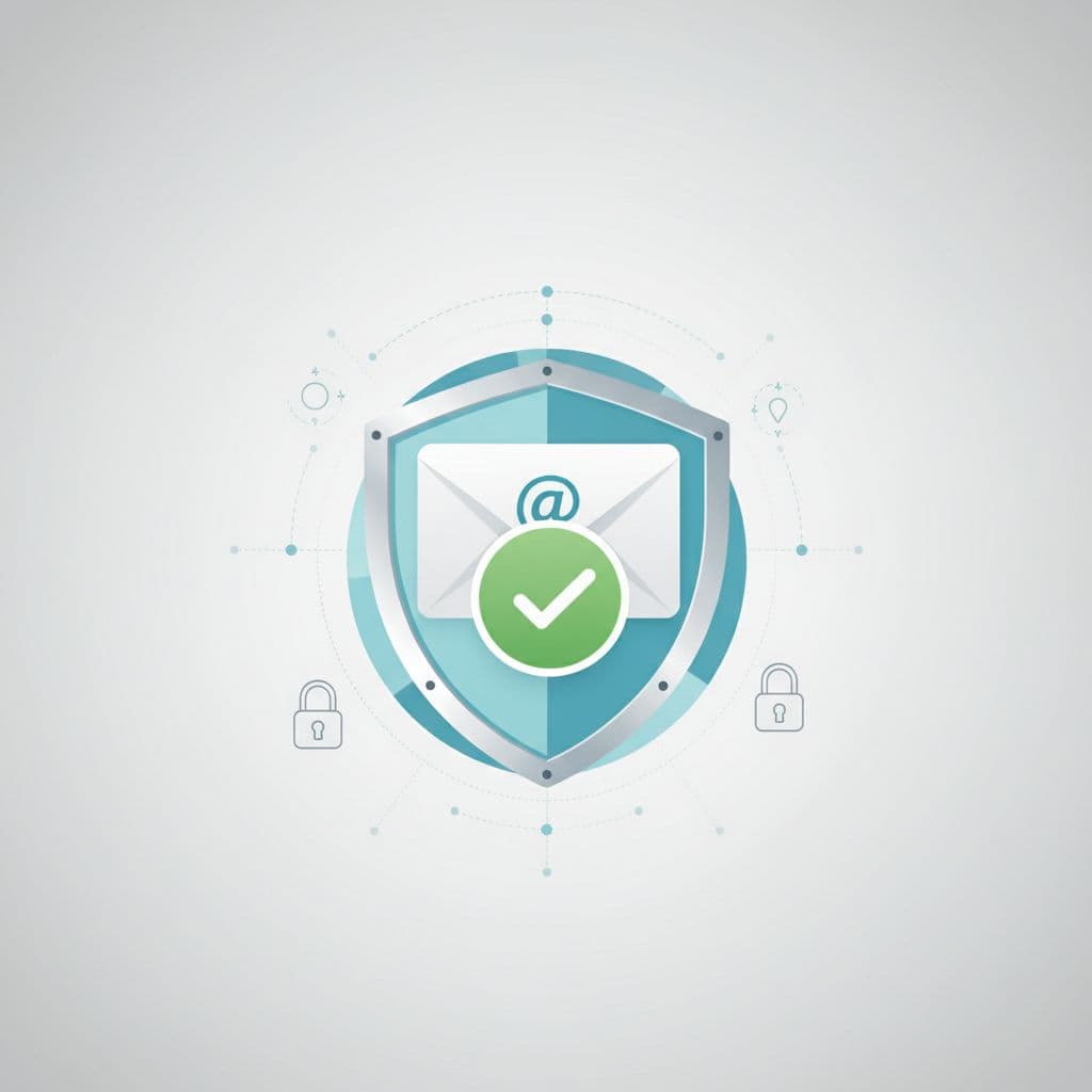 Modern illustration of a single email icon passing through a verification shield with green checkmark, surrounded by subtle security elements like locks on a neutral background.