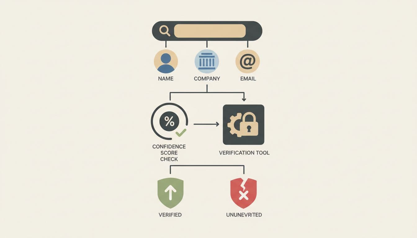 Modern illustration featuring a flowchart or simple icons depicting steps to verify a found email address, including search input for name and company, confidence score check, and verification tool, in clean shapes with neutral tones and strong composition.