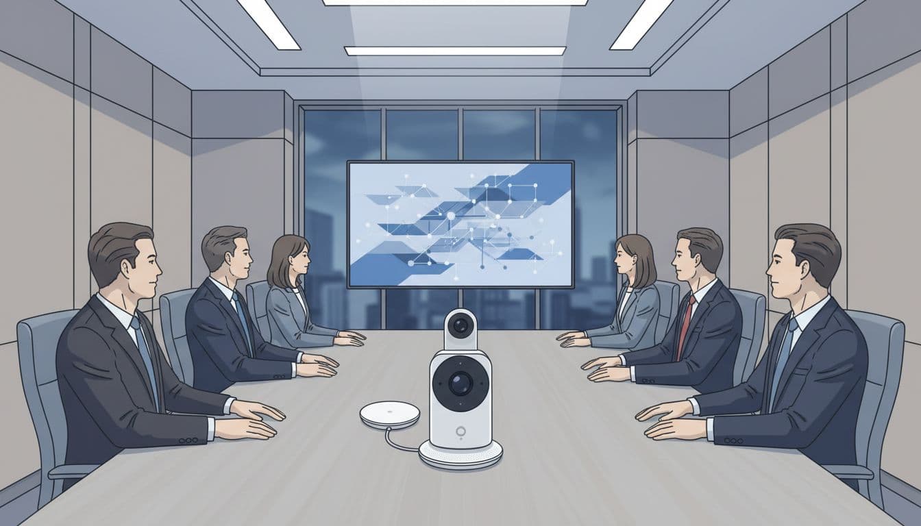 Modern illustration of a secure conference room featuring Google Meet hardware including a smart camera and speakerphone on the table, with six executives seated around viewing a shared screen with collaboration icons.