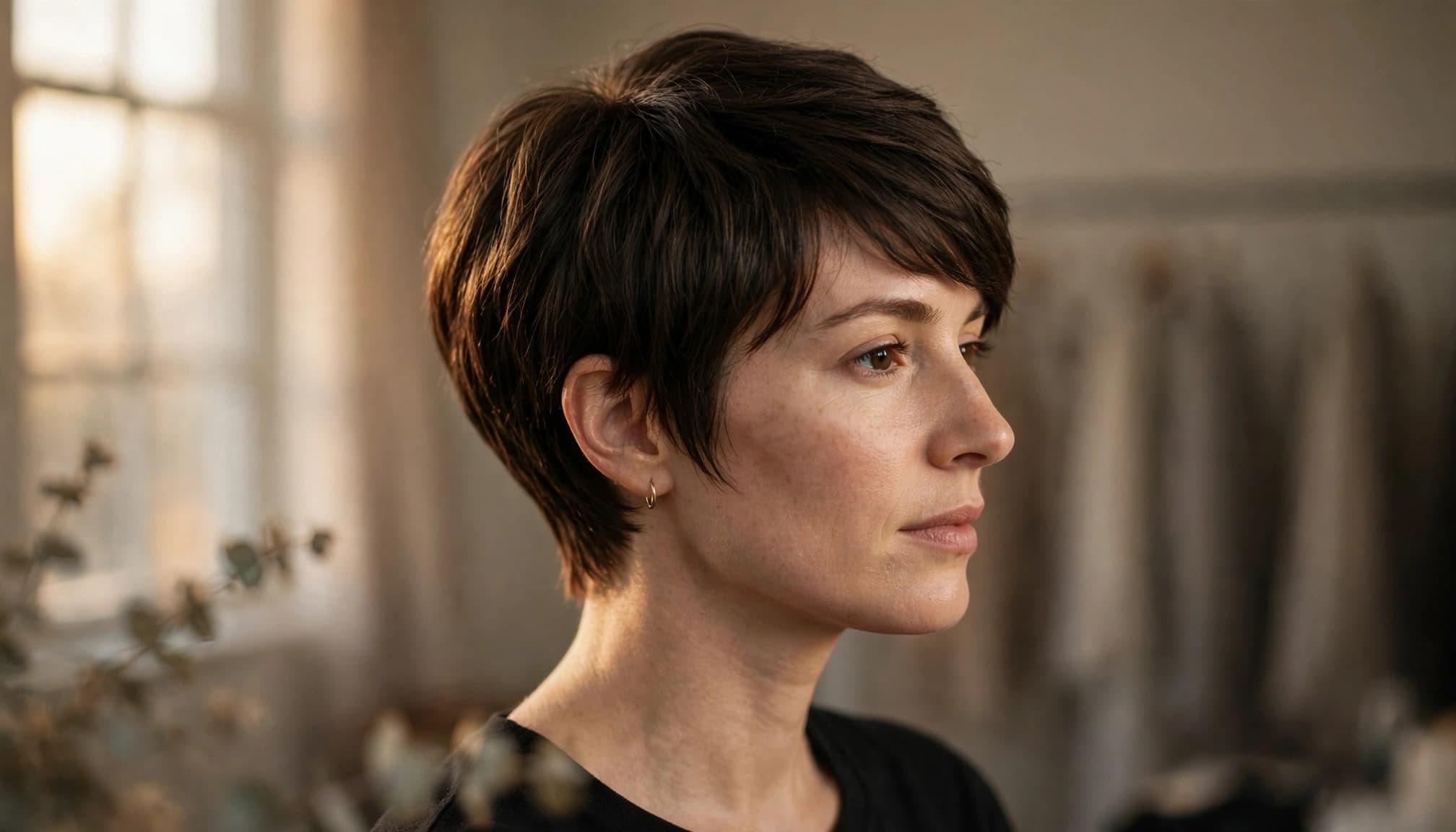 A woman wears a short espresso pixie wig with a side-swept fringe.