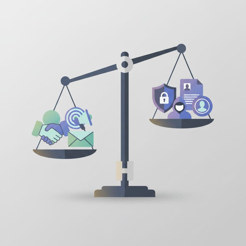 Modern illustration of a balanced scale symbolizing ethical email use, with business outreach icons like handshake and envelope on one side and privacy icons like lock and shield on the other, using clean shapes, soft lighting, and neutral background.