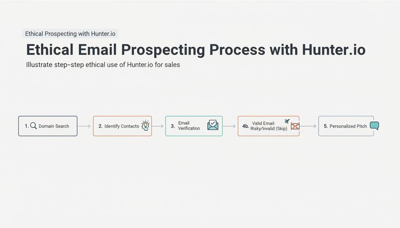 Modern flowchart diagram of the ethical email prospecting process using Hunter.io, detailing steps from domain search to verification and outreach with simple icons, clean lines, and neutral background.