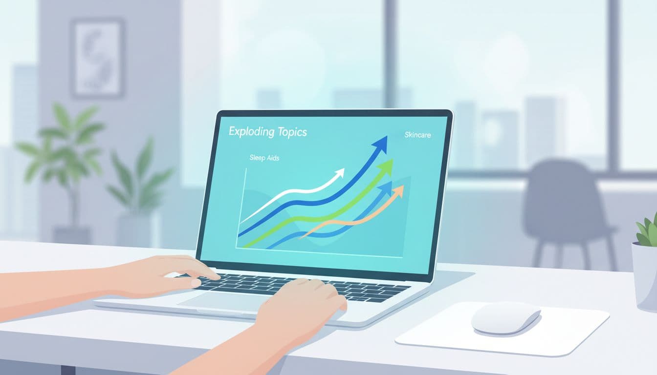 Laptop on a clean desk displaying Exploding Topics dashboard with colorful rising trend graphs for ecommerce products like sleep aids and skincare, hand resting nearby in modern office setting.