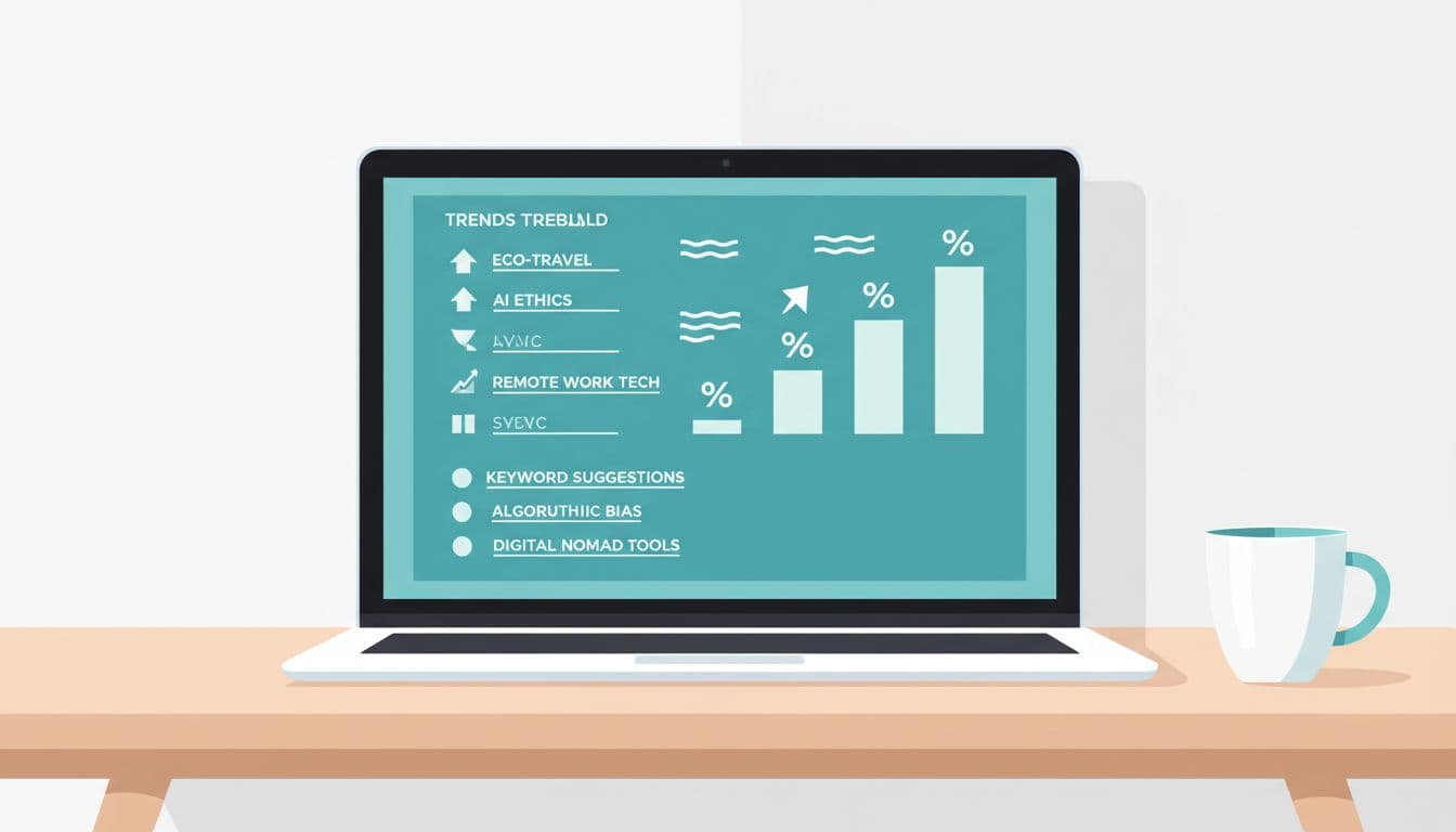 Clean laptop screen showing a trends dashboard with rising bar graphs, growth percentages, and keyword suggestions list on a modern workspace desk with coffee mug nearby.