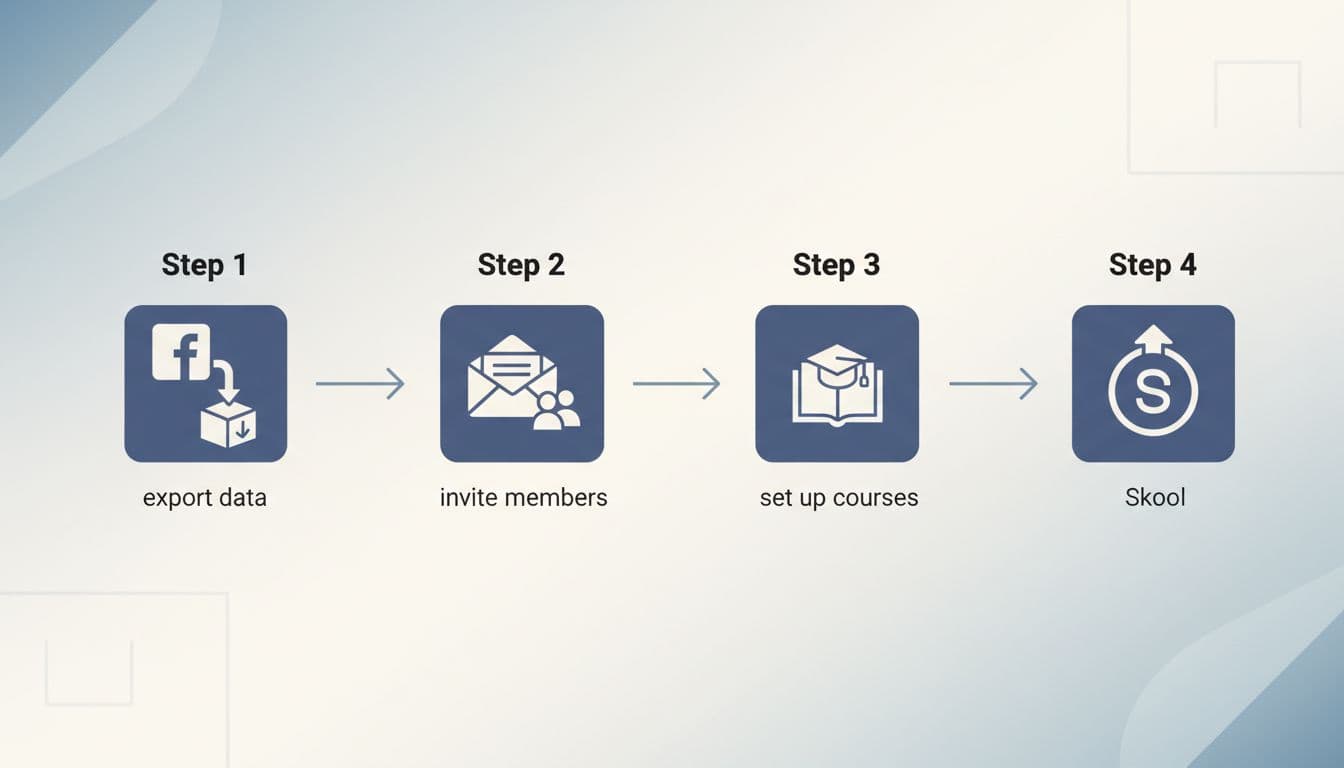 A modern, clean illustration of a four-step horizontal flowchart for migrating communities from Facebook Groups to Skool, featuring icons for exporting data, inviting members, and setting up courses in neutral tones.