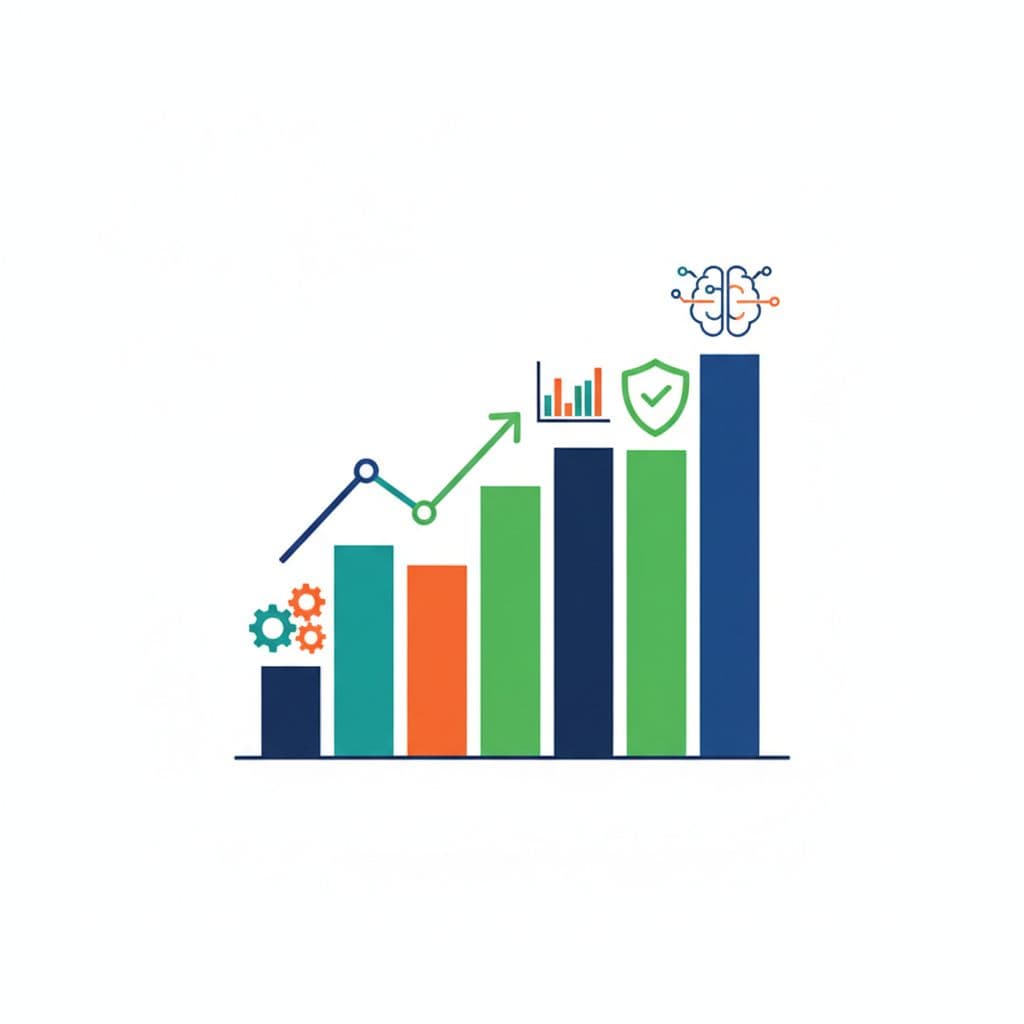 Modern abstract illustration of rising bar charts and icons for AI neural network, cybersecurity shield, and automation gears, climbing upward on a clean white background with controlled blue, green, and orange palette.