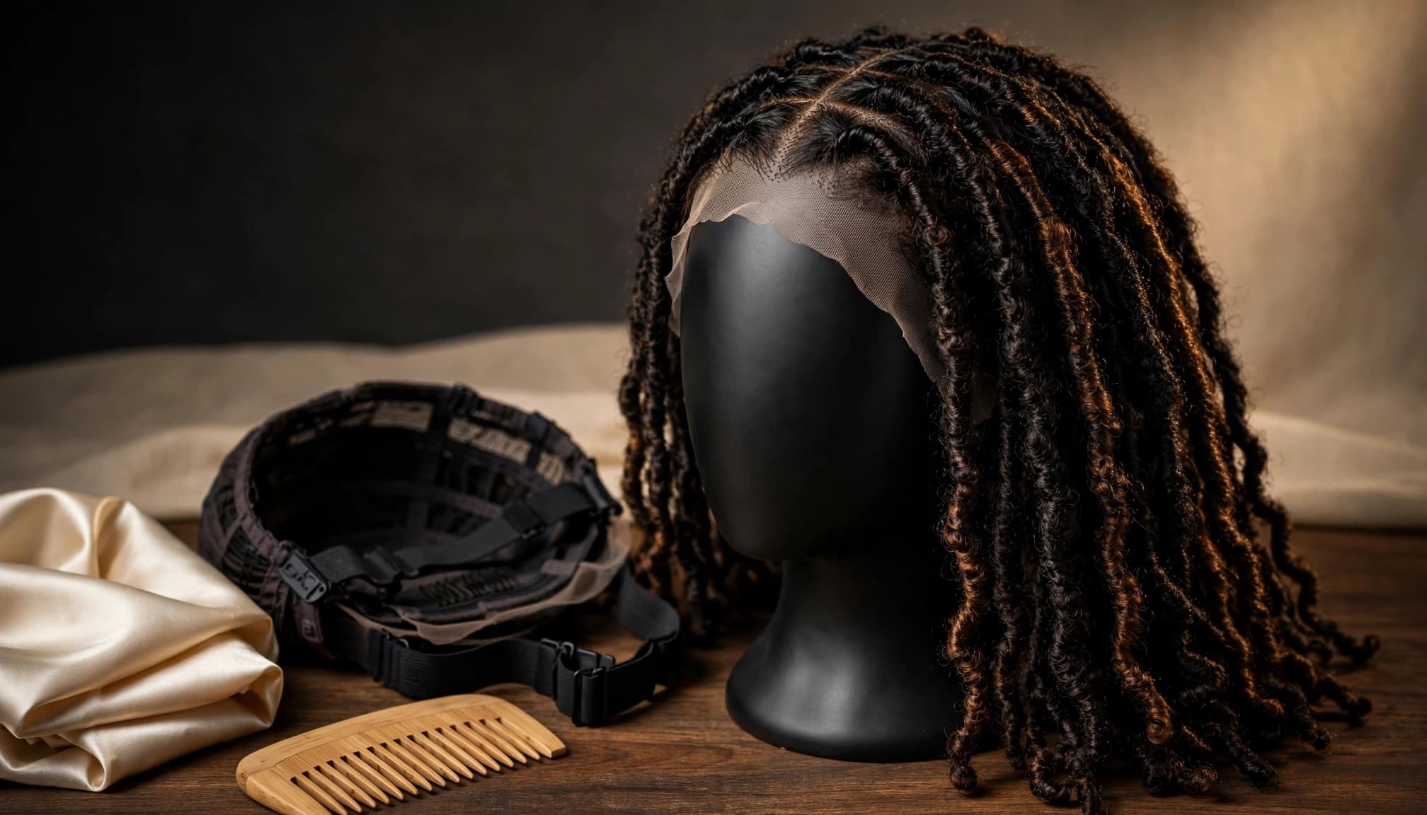 Faux loc wig on a mannequin head with straps, comb, and satin bonnet nearby.