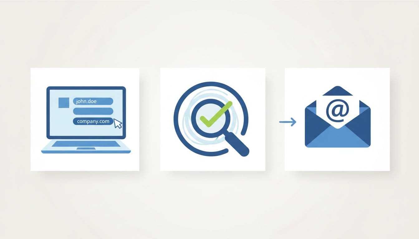 Modern illustration showing a sequence of three icons for the email finding workflow: laptop inputting name and domain, verification checkmark, and final email icon, with clean shapes, controlled colors, and neutral background.