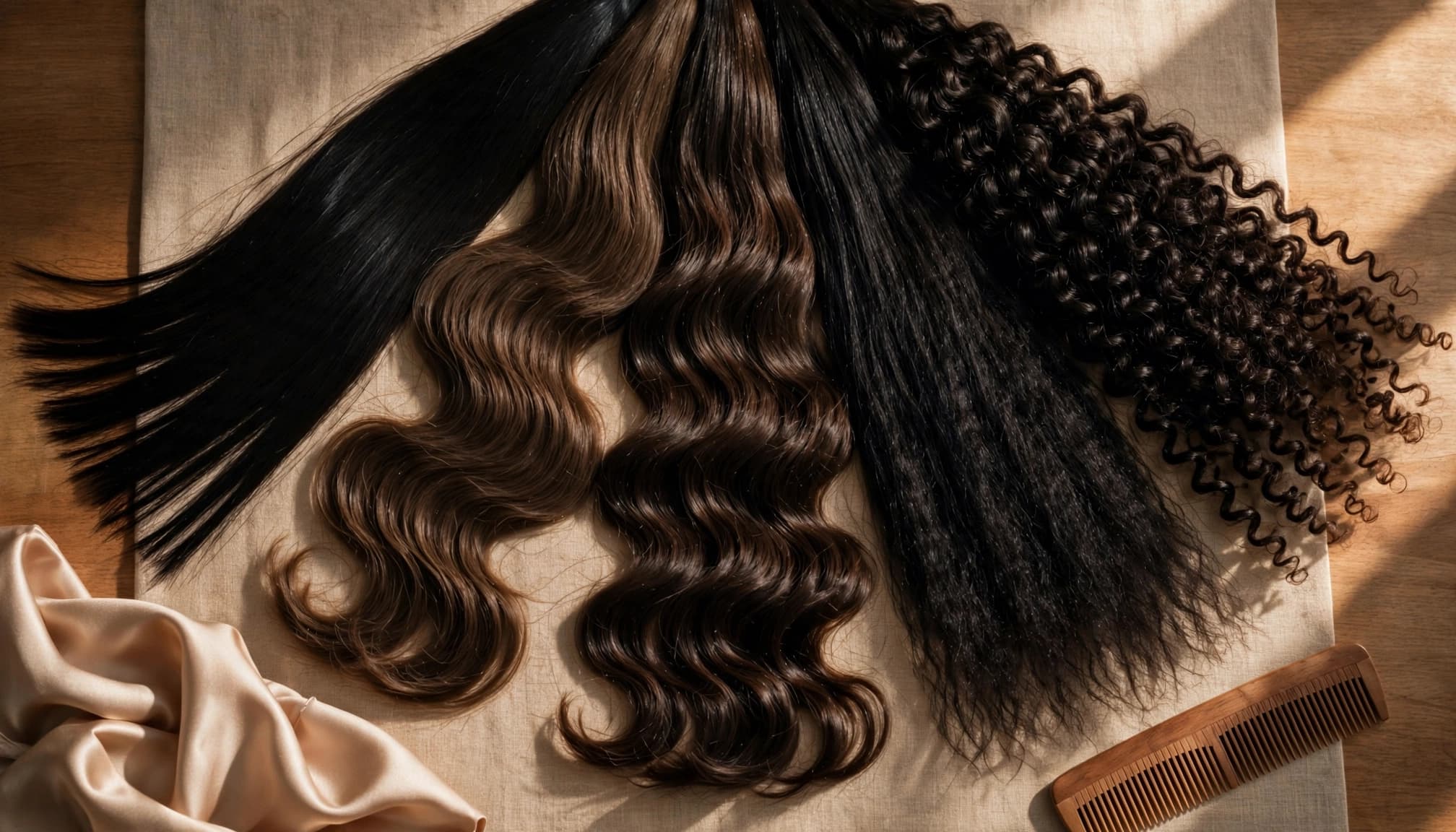 Five hair swatches show straight, wavy, kinky straight, and curly textures on a salon table.