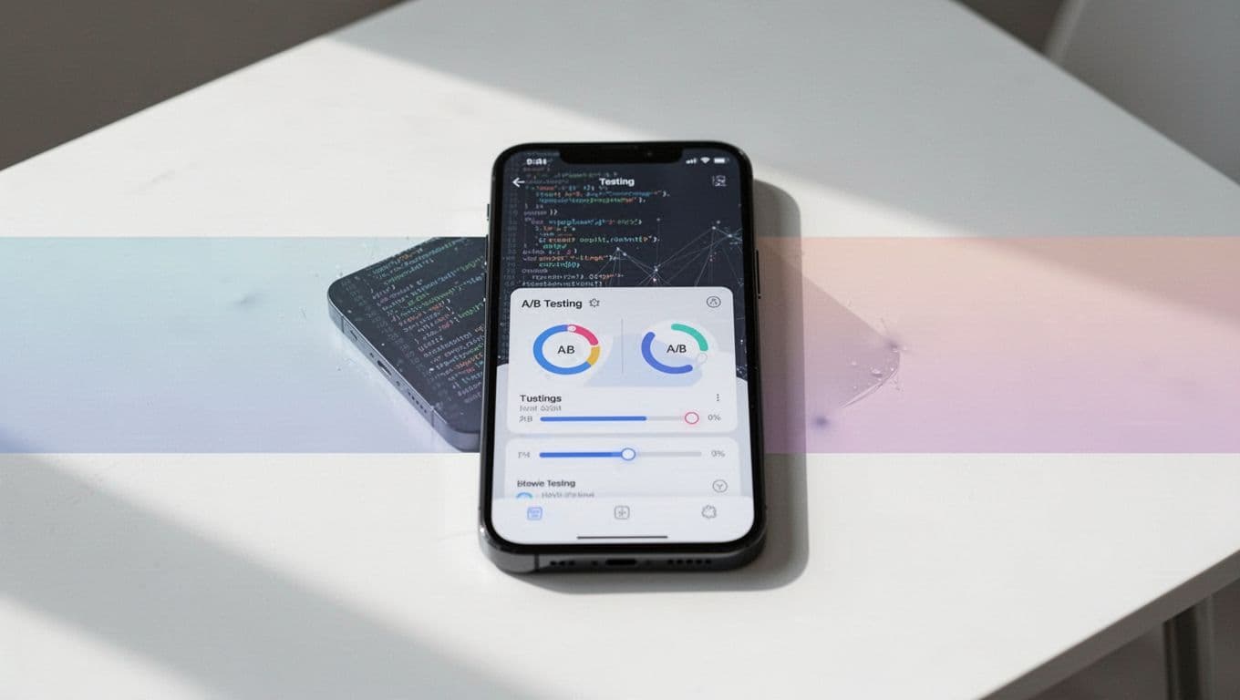 A minimalist graphic showing mobile app code and an A/B testing dashboard with a bold headline.