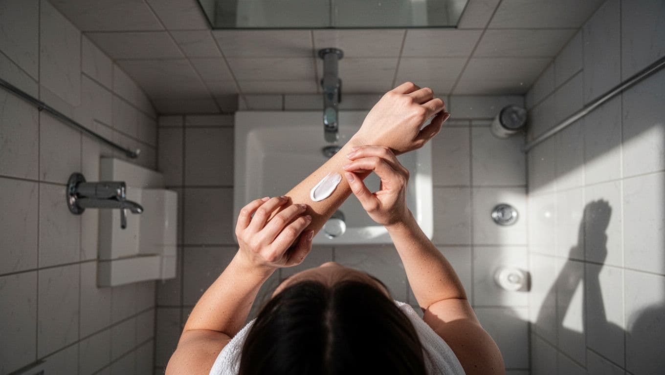 A person applies white moisturizer to the back of their forearm.